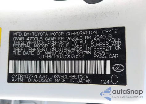 2013 Lexus Es 350 z USA, uszkodzony, nr VIN JTHBK1GG3D2020201